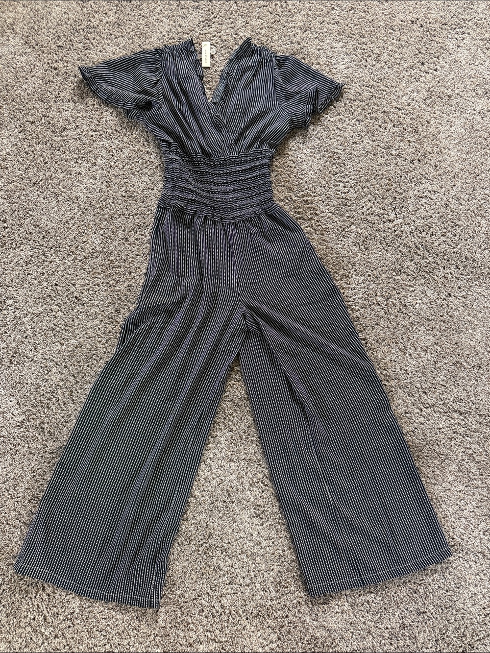 Max Studio Black and White Striped Smocked-Waist Jumpsuit